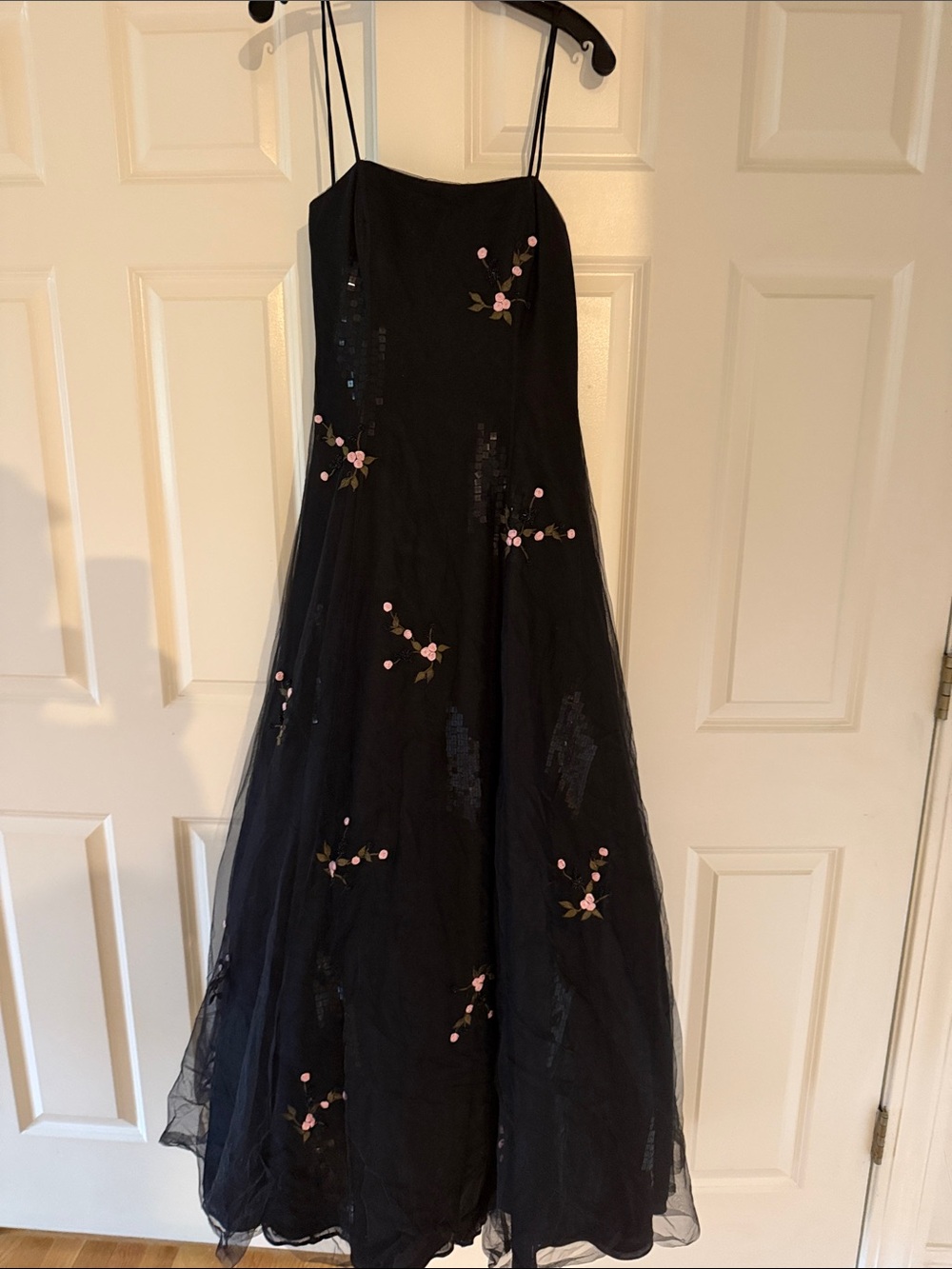 Sue Wong Black Formal Tulle Dress with Pink Floral Embroidery